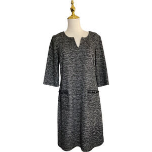 Connected Apparel Women's 8P Petite Black White Dress Textured V-Neck 3/4 Sleeve